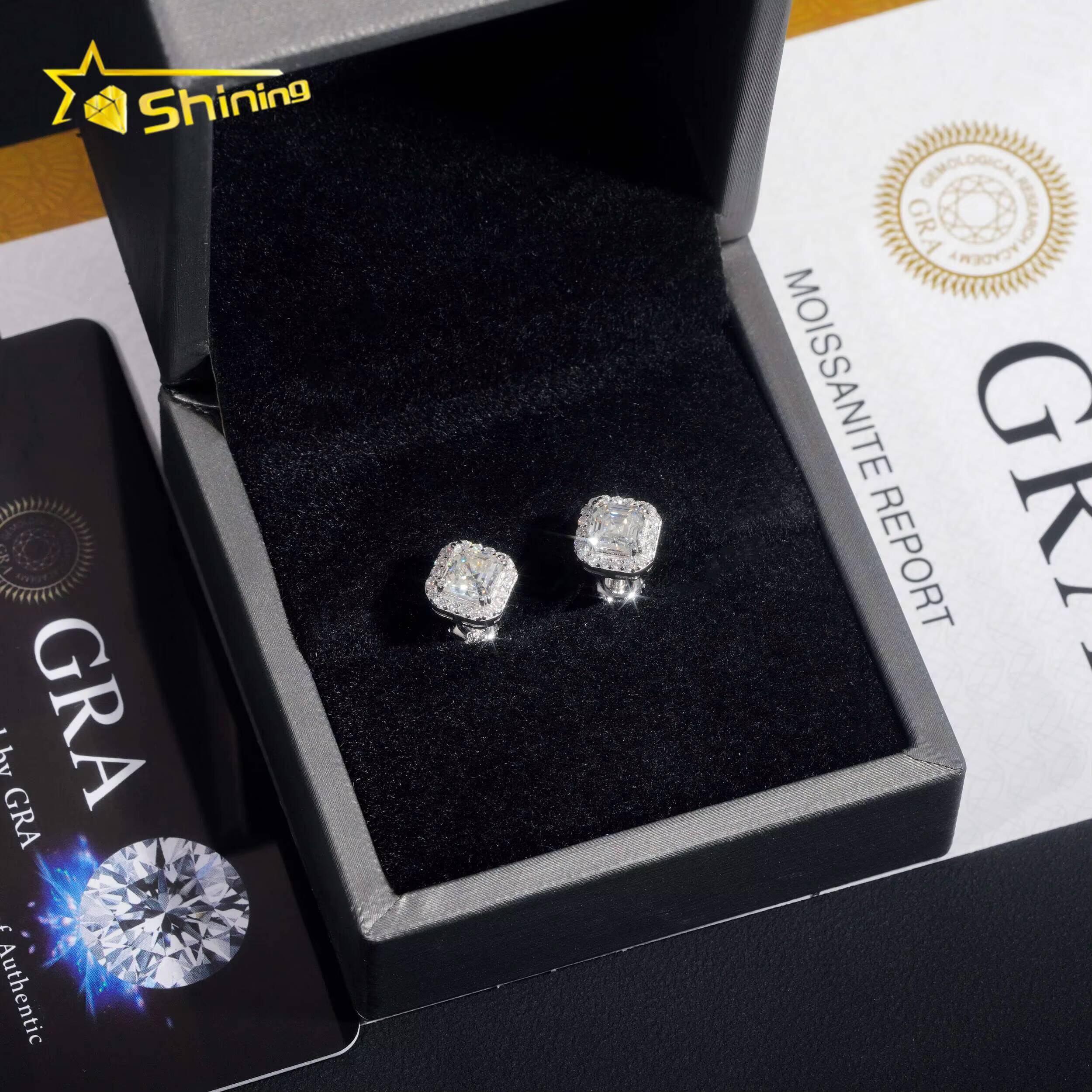 New Style Fine High Quality Asscher Cut Moissanite Stud Earrings 925 Silver Hip Hop Iced Out VVS Halo Moissanite Earrings