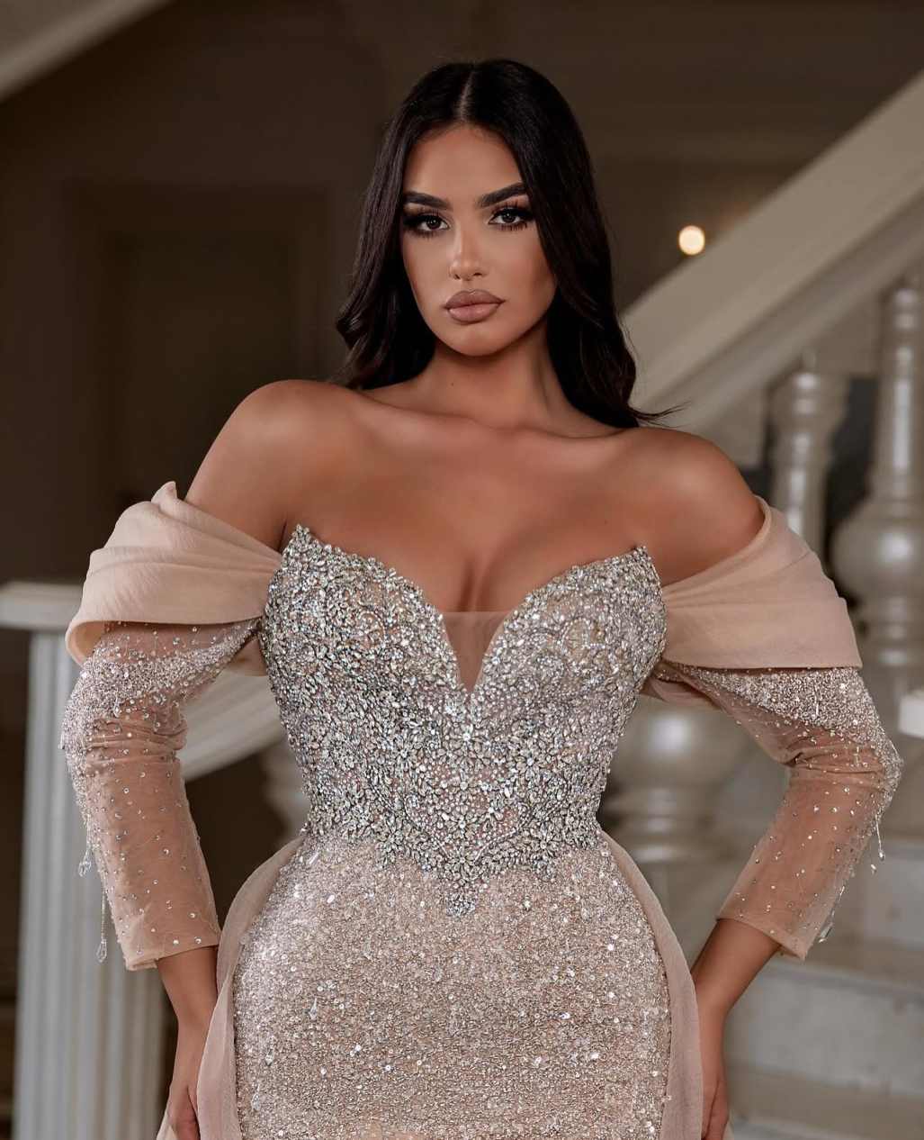 Charming Beaded Mermaid Wedding Dress Off Shoulder Long Sleeve Crystal Bride Gowns Floor Length Formal Dresses Customized