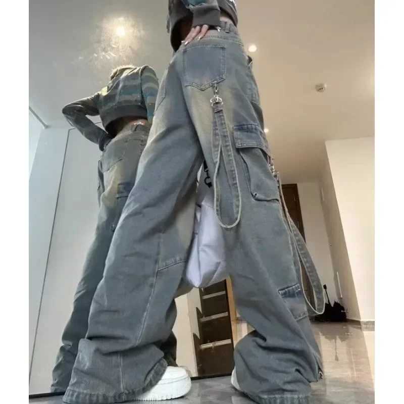 Female Jeans with Spliced Pockets Cargo Pants Washed Denim High Waist Full Length Loose Solid Basics Patchwork Distressed Jeans R250716
