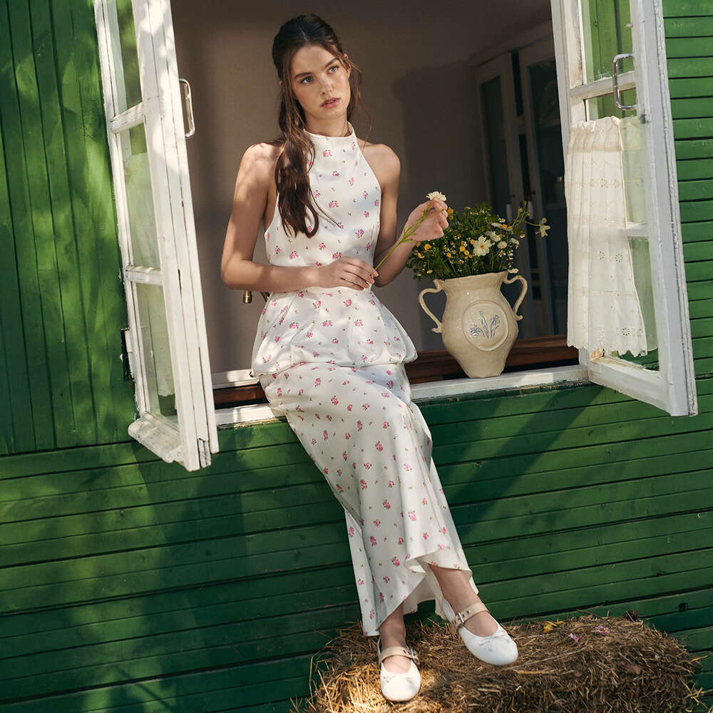 Satin Print And Summer Bubble Hem Vest Long Skirt Set For Women B5