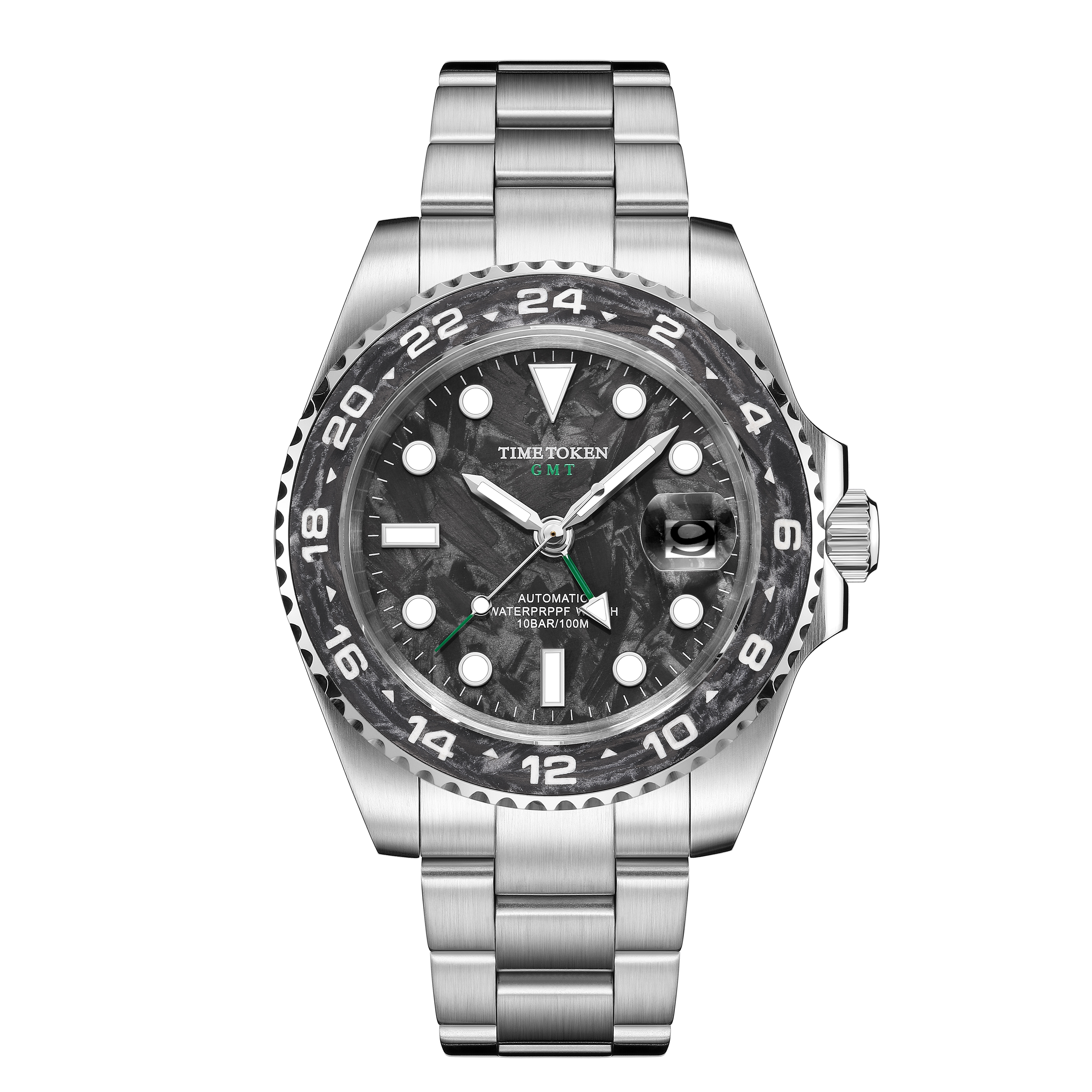 TIME TOKEN 2025 40mm Mens Carbon Fiber Automatic Watch Luxury Divers 100m Water Resistant T454BGS