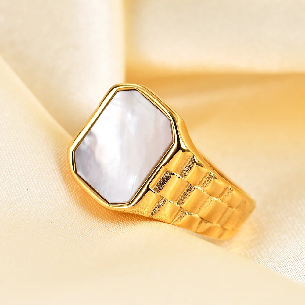 Vintage Stone Ring Women Inlay Malachite Shell Square Lady Ring Fashion Stainless Steel Ins Style Jewelry Gifts 250716
