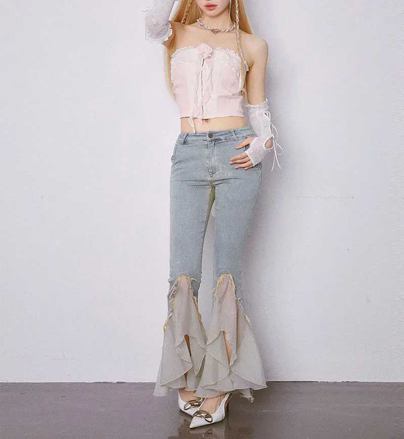 With Slits Medium Waist Trousers Slim Fit Lace Splicing Womens Flare Jeans South Korea Harajuku Fashion 90s Female Cowboy Pants R250716