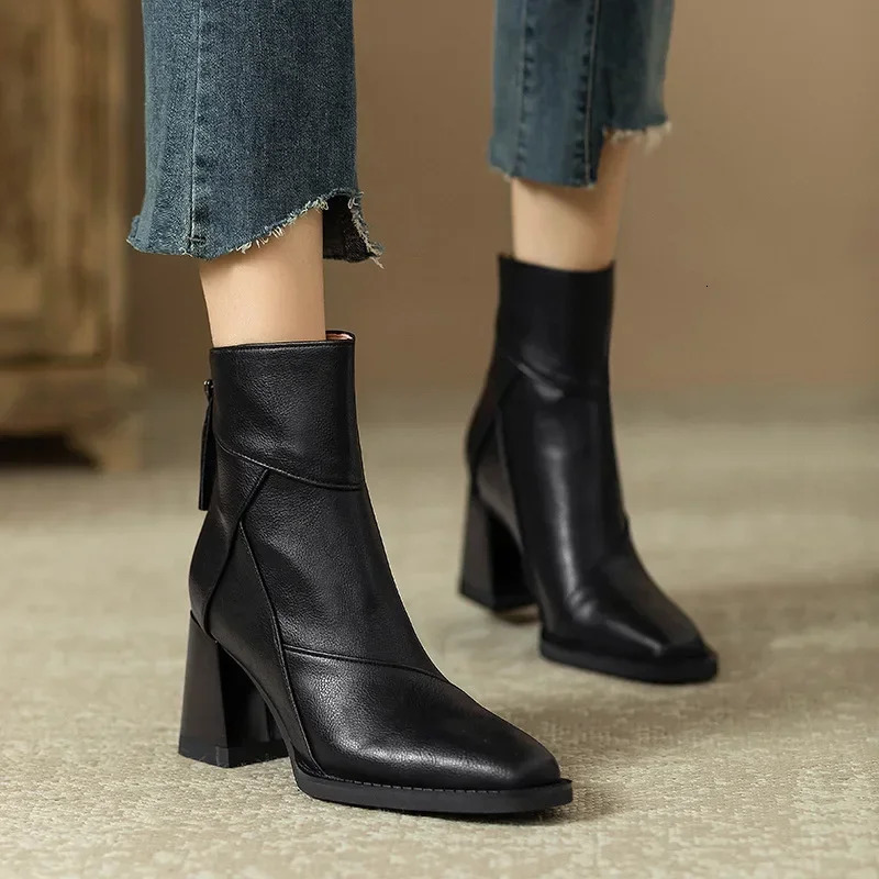 Woman Chunky Ankle Boots Women Zipper Retro Brown Soft Leather Short Boot Autumn Square Toe Casual High Heel Booties Mujer 250716
