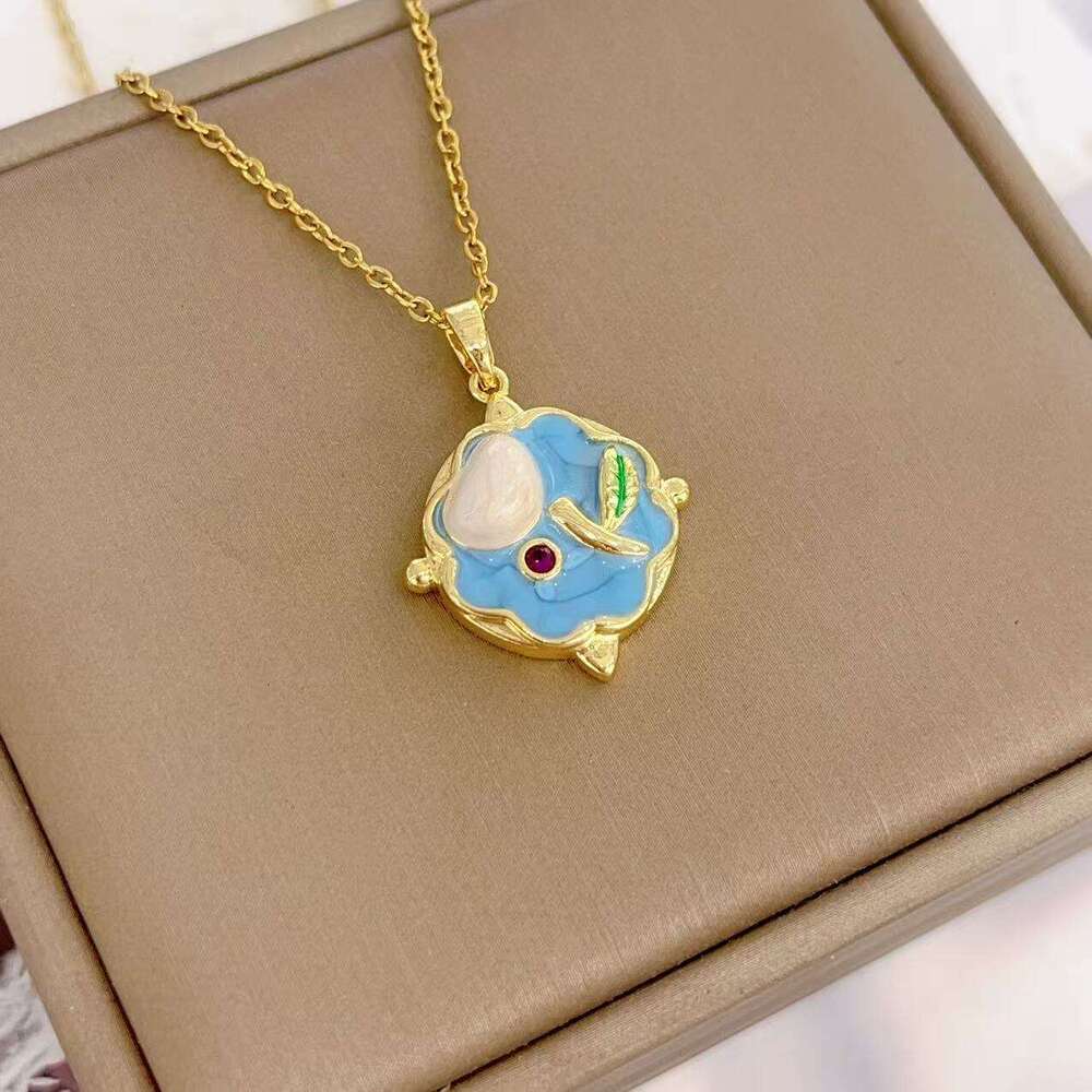 Copper Gold-Plated New Chinese Style Imitation Pearl Oil Painting Flower Necklace French High-End Clavicle Chain Jewelry Accessories B47