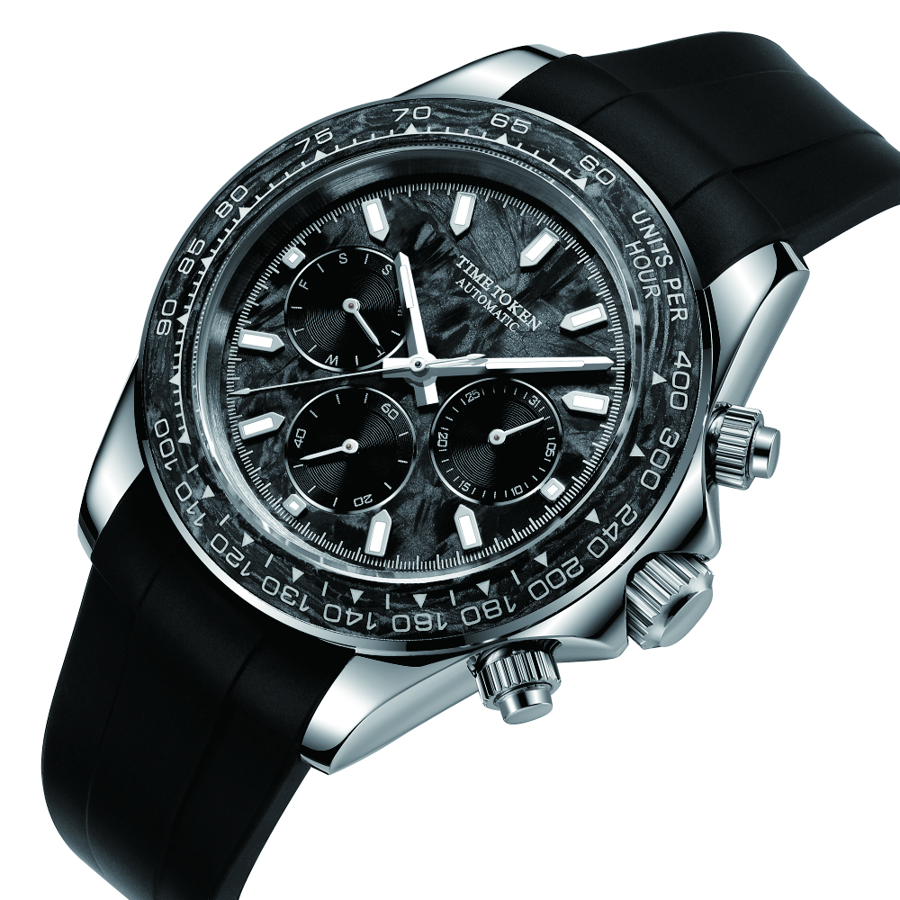 Carbon Fiber Timepiece by TIME TOKEN: 40 MM Self-Winding Watch Featuring Luminescent Hands & Sapphire Glass Front
