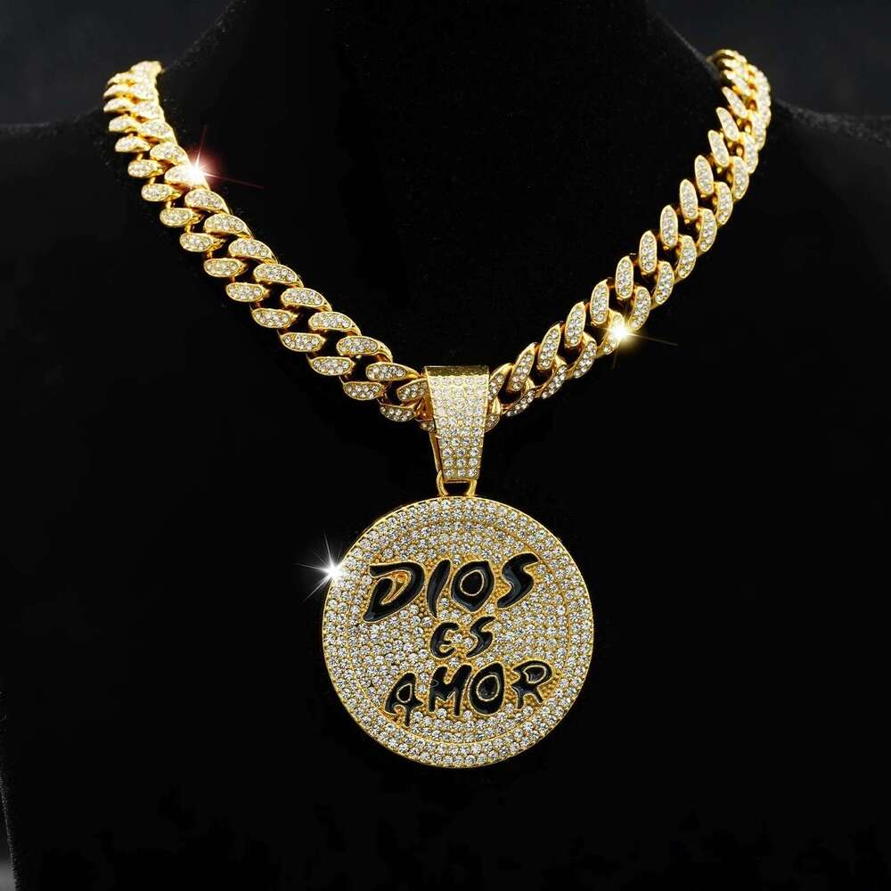 Inlaid Dia Oil Drop Round Pendant Exaggerated Personality Alloy Cuban Chain Fashion Creative English Letter Necklace