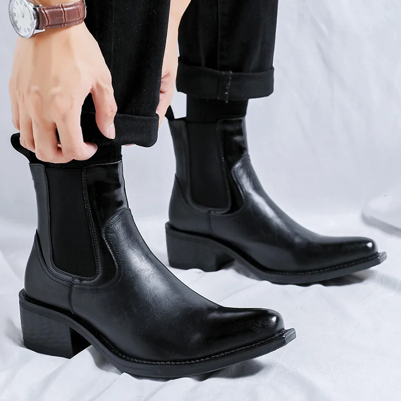 mens fashion punk goth cocked wizard boots pointed toe shoes cowboy ankle boot cool genuine leather chelsea botas mans 250715