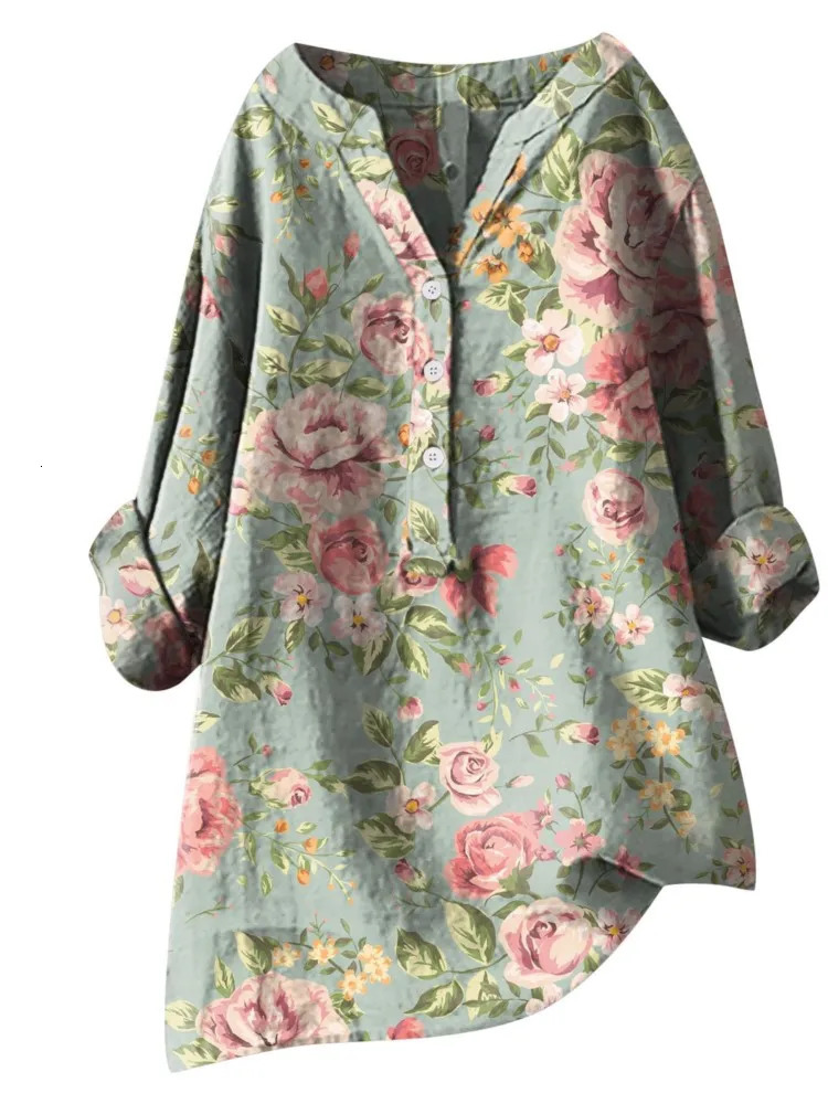 Womens Autumn Winter Fashion Printed Button Up Shirt Long Sleeved Bamboo Linen Casual Comfortable Top 250715