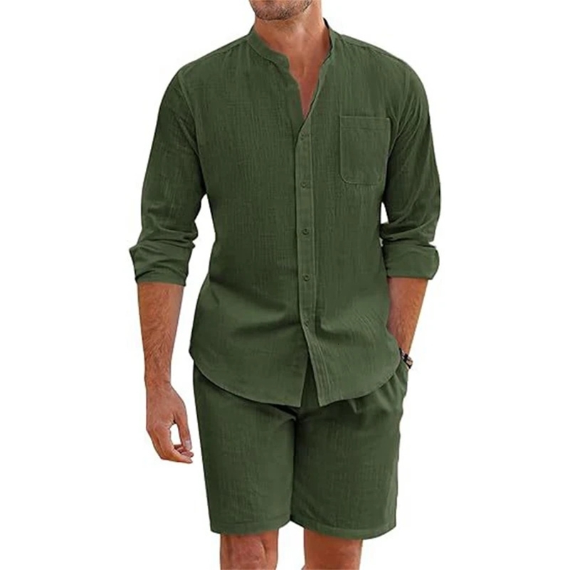 Summer Mens Casual Sets Breathable Cotton Linen Vintage Stand Collar ShirtsShorts Men Comfortable Beach Suits 250707
