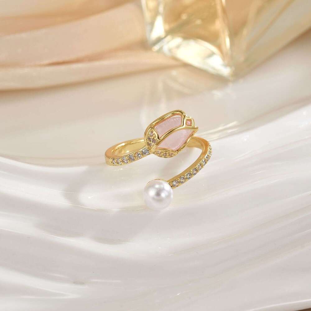Korean Style Cat's Eye Stone Tulip Flower Ring For Women, Copper Plated With Real Gold, Fashionable, Simple, High-End Jewelry 0D6
