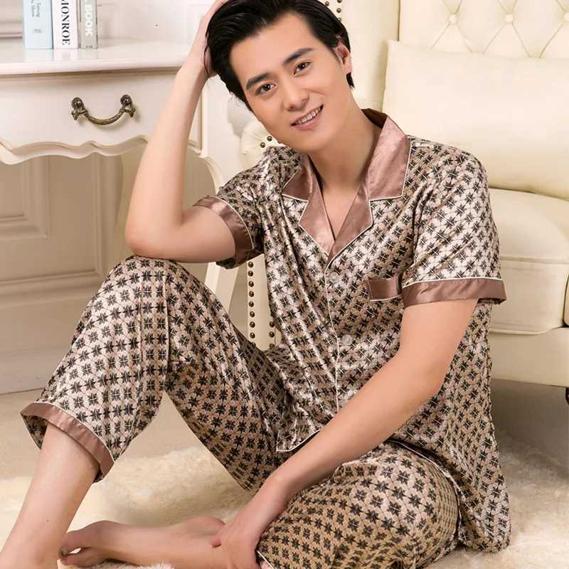 High Quality Pajamas Set Men Spring Autumn Thin Polyester Ice Silk Long-sleeved Sleepwear Plus Size Summer Home Clothing Male W250717