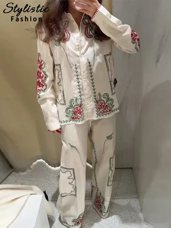 Casual Embroidered Pant Suits Women Loose Flip Collar Single Breasted Top Elastic Waist Straight Trouser 2025 Summer Lady Sets 250715