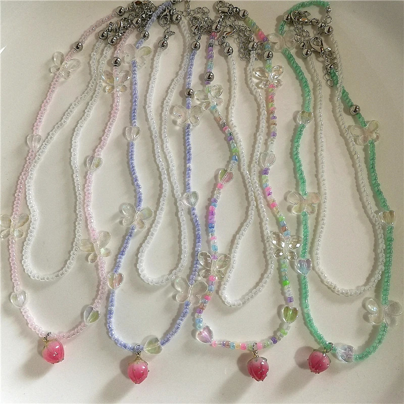 Summer Y2K Strawberry Pendant Necklace Set Choker for Women Children Jewelry Pearl Neck Clavicle Chain Accessories 250715