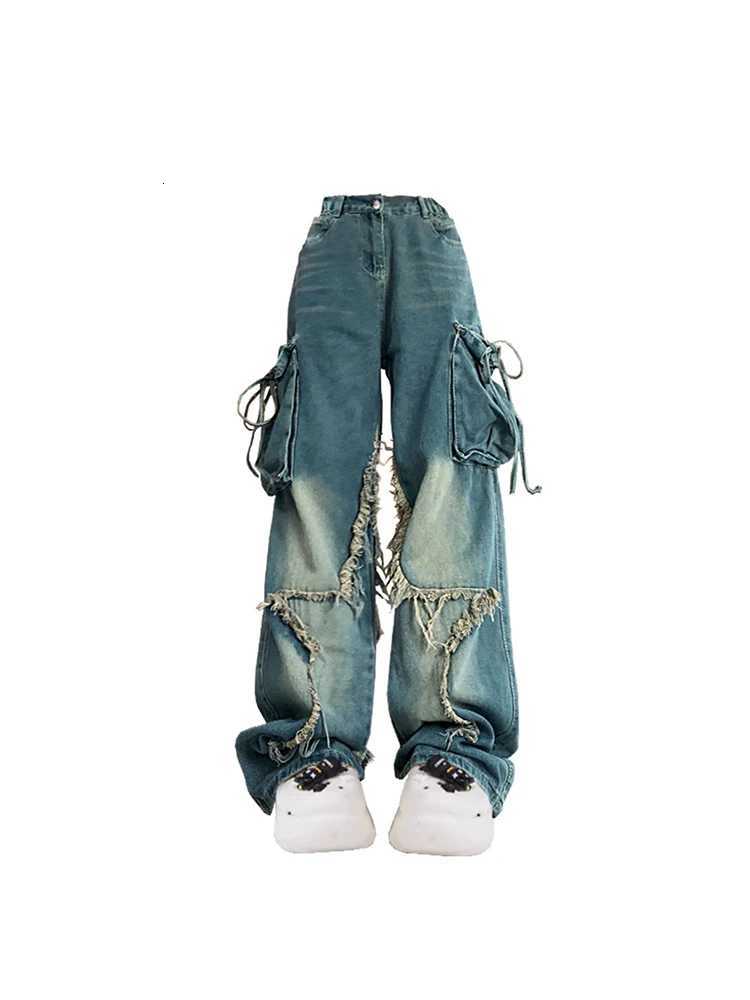 Women Blue Cargo Jeans Baggy Vintage 90s Aesthetic High Waist Cowboy Pants Harajuku Denim Trousers Y2k Trashy 2000s Clothing 2024 R250716