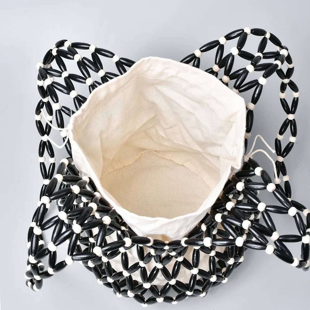 Women Beaded Summer Design Hollow-out Wooden Bead Tote Bucket Shoulder Bag Female Beach Handbag