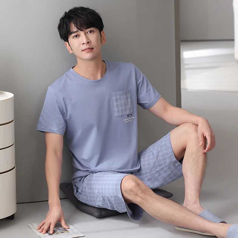 Men Pajamas Set Summer Short Sleeve Striped Casual Tracksuit Sleepshirt + Shorts 2-piece Pajamas Male 4XL 5XL 6XL 7XL Mens Pajamas W250717