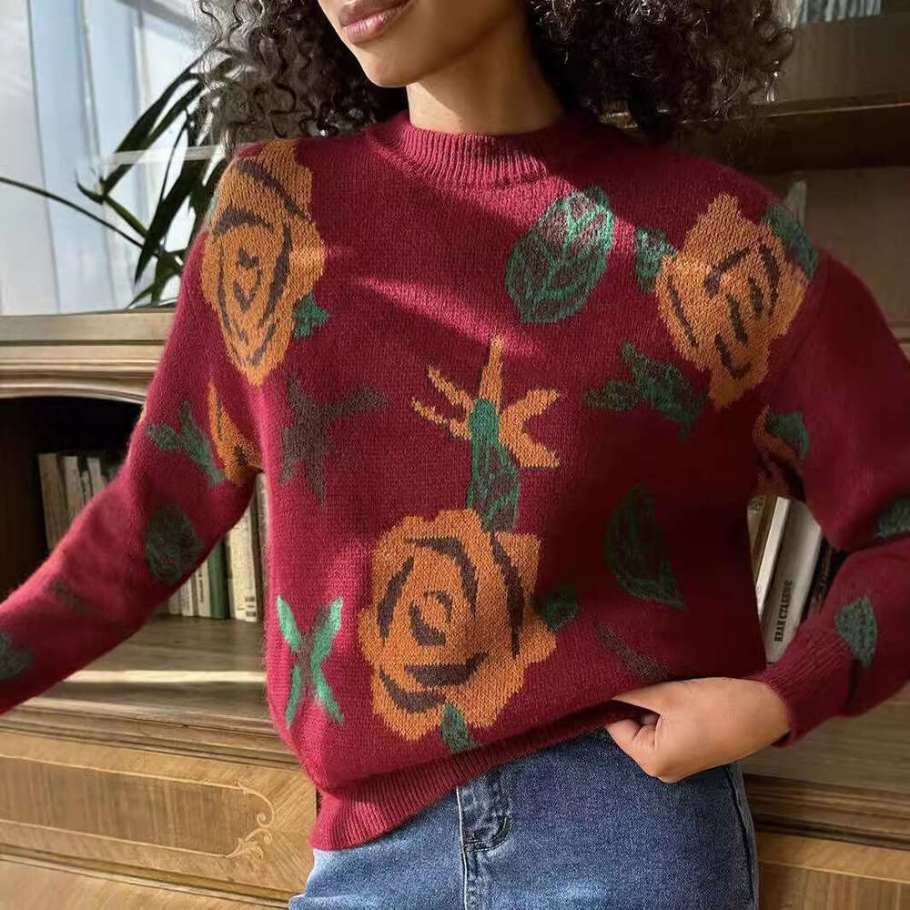 Autumn Winter New Style Round Neck Sweater Flower Knit Loose Soft Knitted Top Women's Clothing B5
