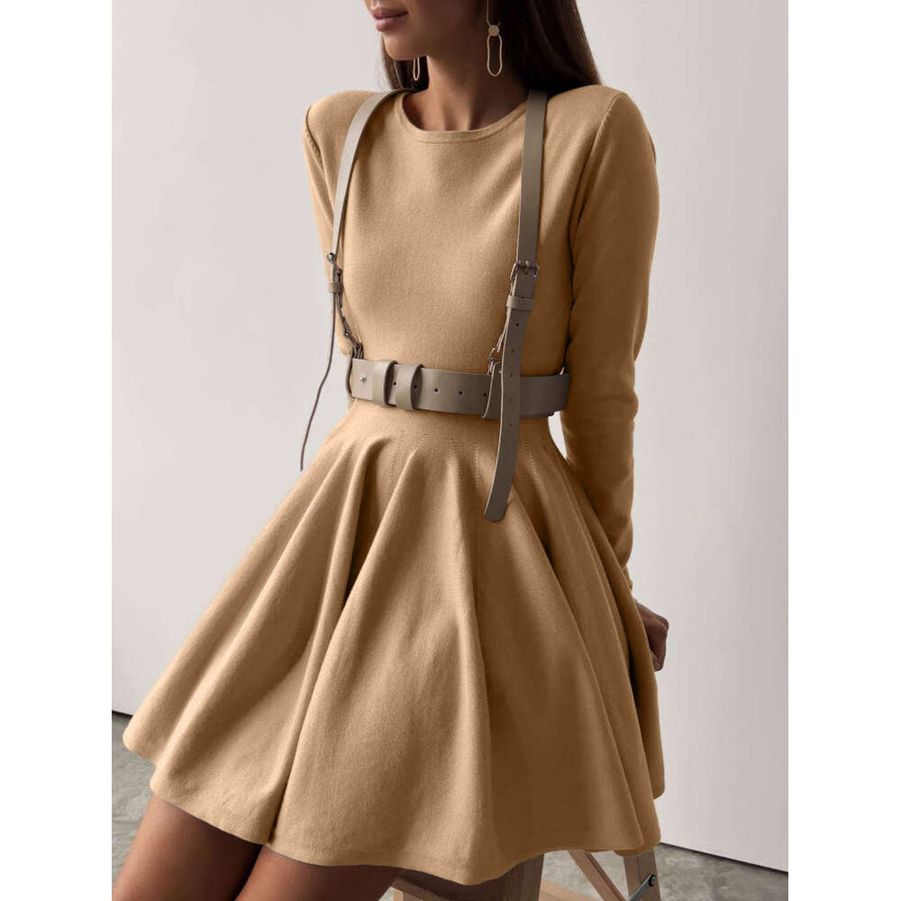 Round Neck Waist-Cinching Knitted For Women Versatile High-End Ins Style Pleated Sweater Dress B5