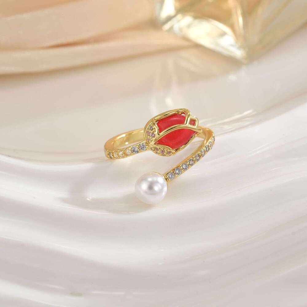 Korean Style Cat's Eye Stone Tulip Flower Ring For Women, Copper Plated With Real Gold, Fashionable, Simple, High-End Jewelry 0D6