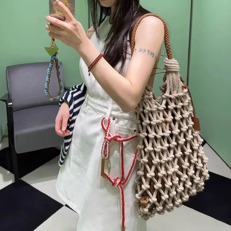 Summer Beach Bag For Women Mesh Rope Knitted Bucket Shoulder Bags Reticulate Hollow Travel Shopper Ladies Fashion Handbag 250624
