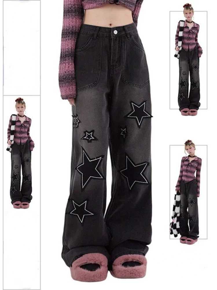 HOUZHOU Y2K Goth Star Black Baggy Jeans Women Cyber Punk Retro 90s Streetwear Denim Pants Vintage Hippie Grunge Wide Trousers R250716