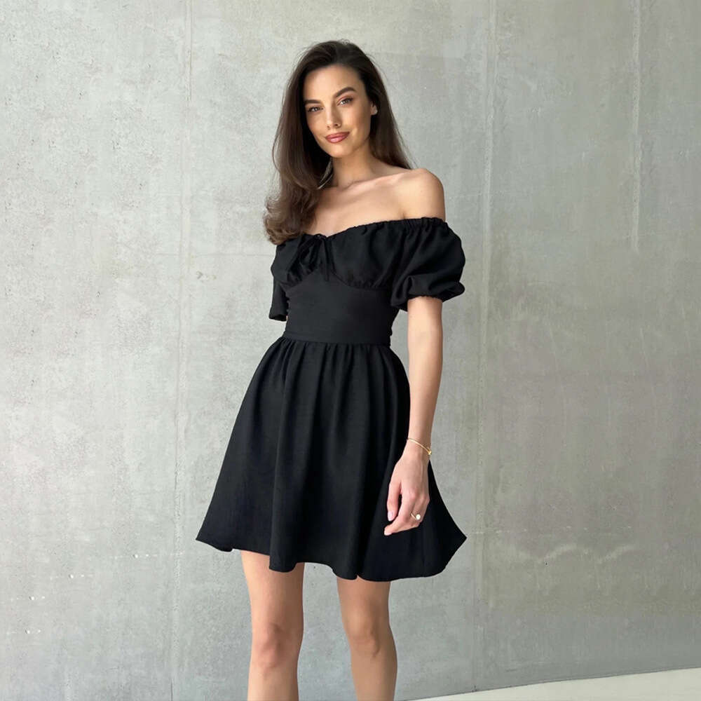 Off-Shoulder Summer New Tie Waist Short Puff Sleeve Dress B5