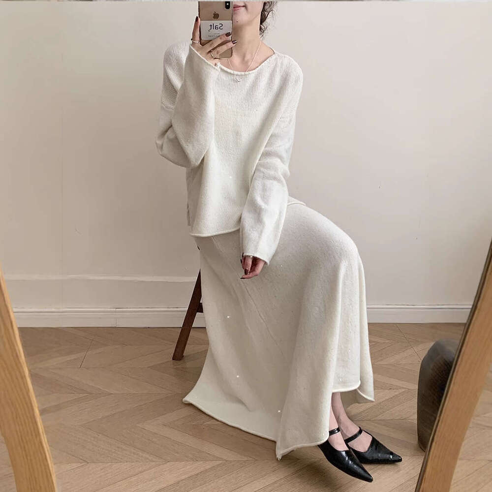 New Lazy Style Loose Top + Mermaid Skirt For Women Round Neck Knitted Sequin Set Shiny B5