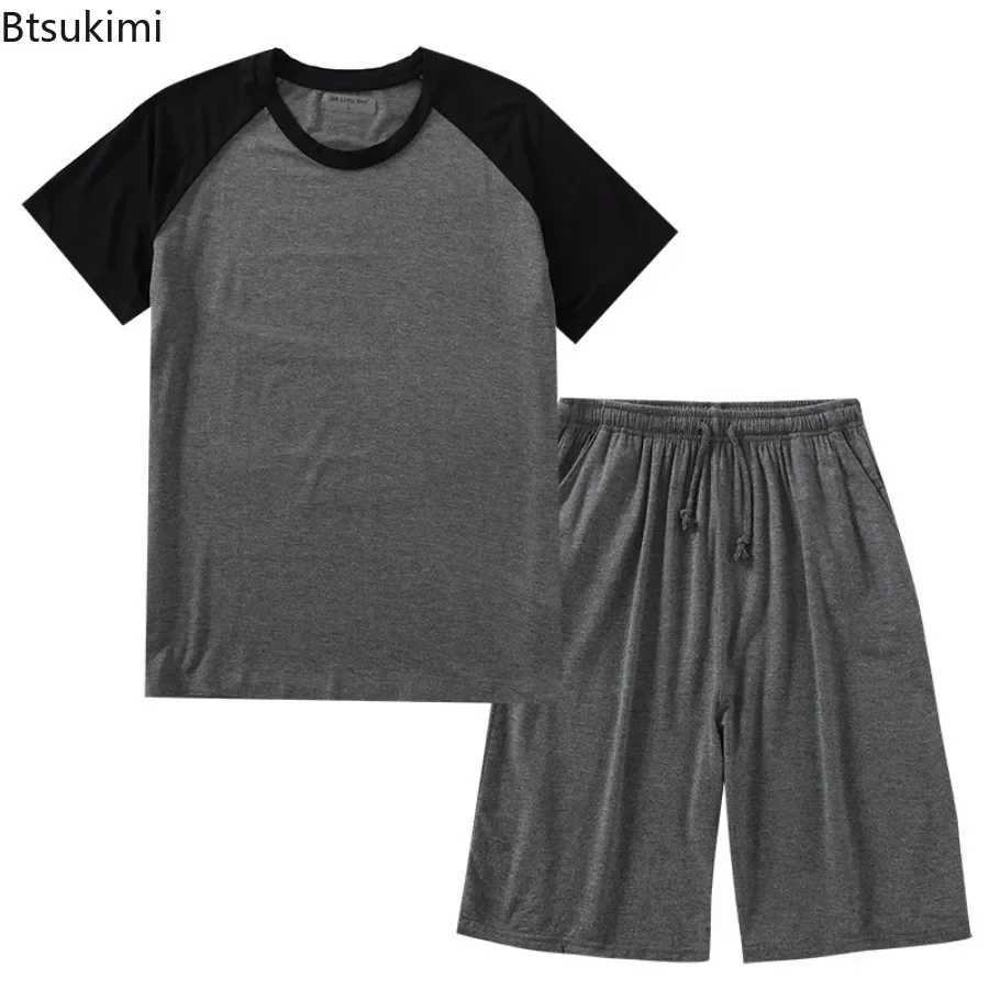 2025 Mens Summer Modal Pajama Sets O-neck Short Sleeve Tops and Short Pants Homewear Men Loose Soft Colorblock Nightwear Sets W250717