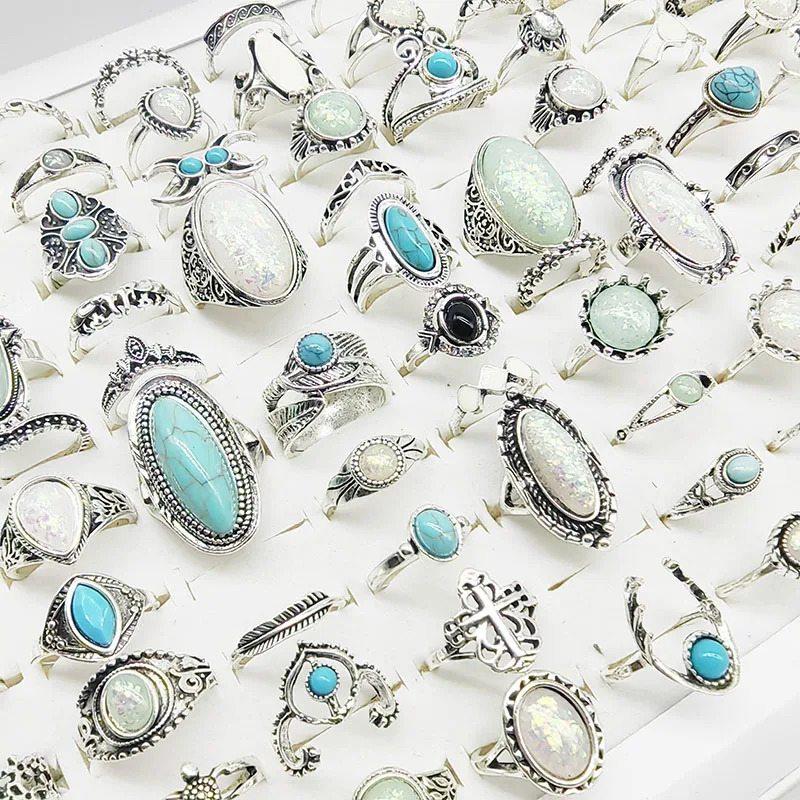 50pcs/Lot Wholesale Big Opal Stone Finger Rings For Women Bohemia White Enamel Acrylic Water Drop Carved Hollow Jewelry Girl 250716