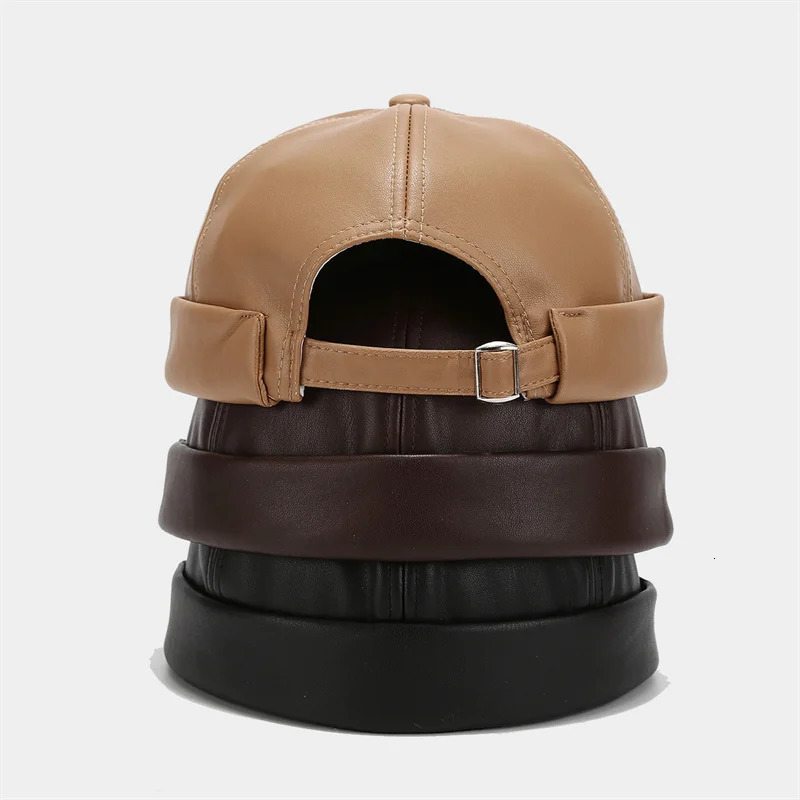 Retro Solid Color Brimless Hat Spring Summer Fashion Casual PU Leather Melon Caps Docker Cap Men Women Adjustable Hip Hop Hats 250715