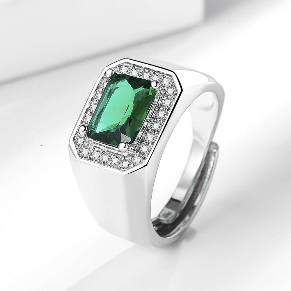 Square Emerald Blue Inlaid Diamond Men's Moissanite Zircon Open Adjustable Index Finger Ring 228