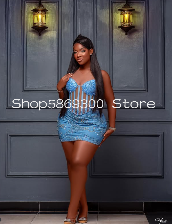 Ice Blue Sparkly Mini Cocktail Party Evening Dresses Sweetheart Boning Top Gillter Crystal Birthday Gala Gown Customsized