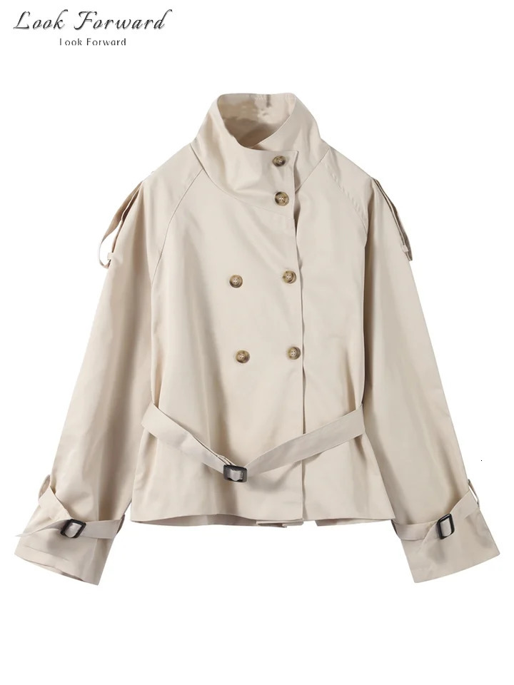 Khaki Trench Coat Women Double Breasted Jacket Woman Stand Collar Full Sleeve Pocket Spring Autumn Casual Loose Outerwears Lady 250716