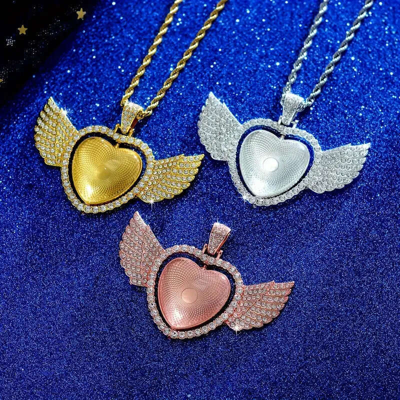 Angel Wings Heart-shaped Dia-studded Rotating Pendant Single-sided Alloy Creative Personality Necklace