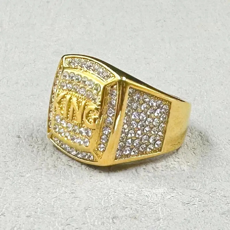 Hip Hop full rhinestone 316L Stainless Steel Gold color King Finger Rings for Men Rapper party Jewelry 250716