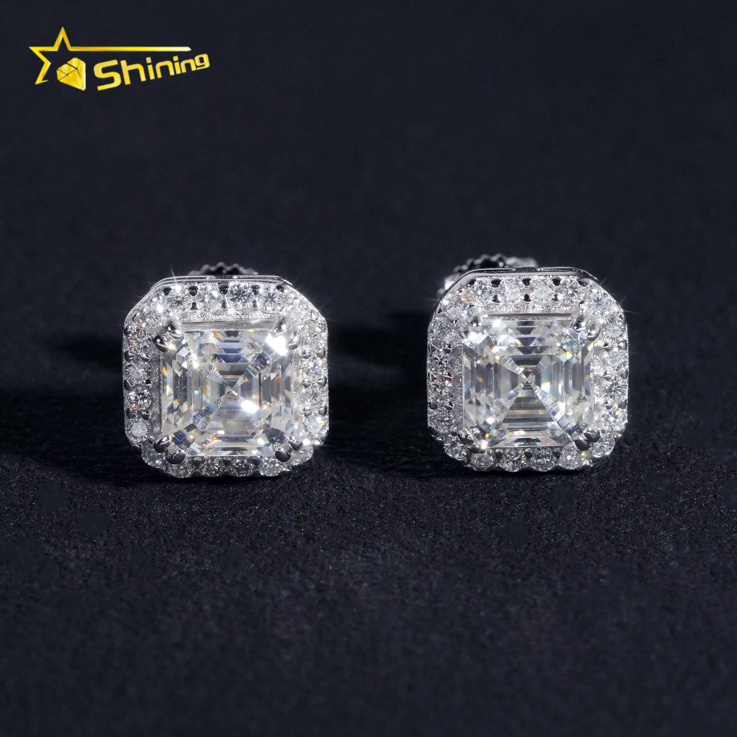 New Style Fine High Quality Asscher Cut Moissanite Stud Earrings 925 Silver Hip Hop Iced Out VVS Halo Moissanite Earrings