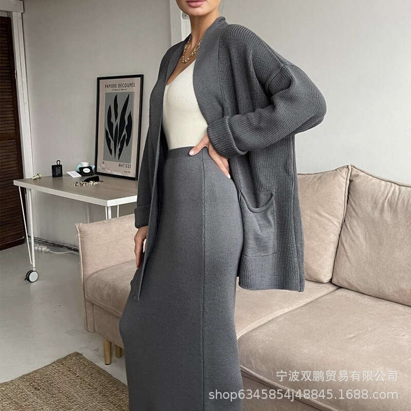 Women's Set Autumn Winter New Loose Cardigan With Belt High Waist Skirt Fashion Knitted Sweater B5