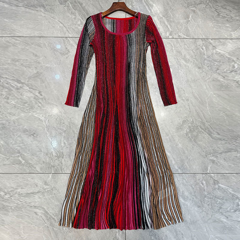 Ladies Striped Long Sleeve Knit Dress Summer New Arrival Designer Square Neck Maxi Dress Two Colors Sequin Detail Plus Size Luxury Evening Gown S0735