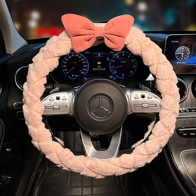 Steering Wheel Cover Plush For Winter Women Anti Slip Warm Handlebar Cover Cute Pink Bowknot Interior Accessories Auto Supplier 250715