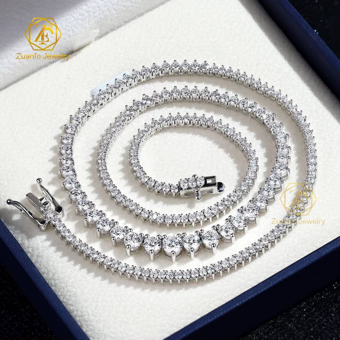 Luxury 925 Silver Tennis Chain Necklace with 2-5mm Graduated Lab Grown Diamonds Secure 3 Prongs Setting Wedding Gift