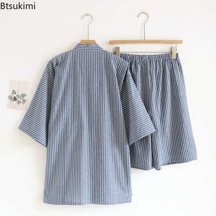 2025 Mens Summer 00% Cotton Pajama Sets Loose Bathrobes V-Neck Kimono Pajamas Striped Half Sleeve and Shorts Mens Homewear Suit W250717