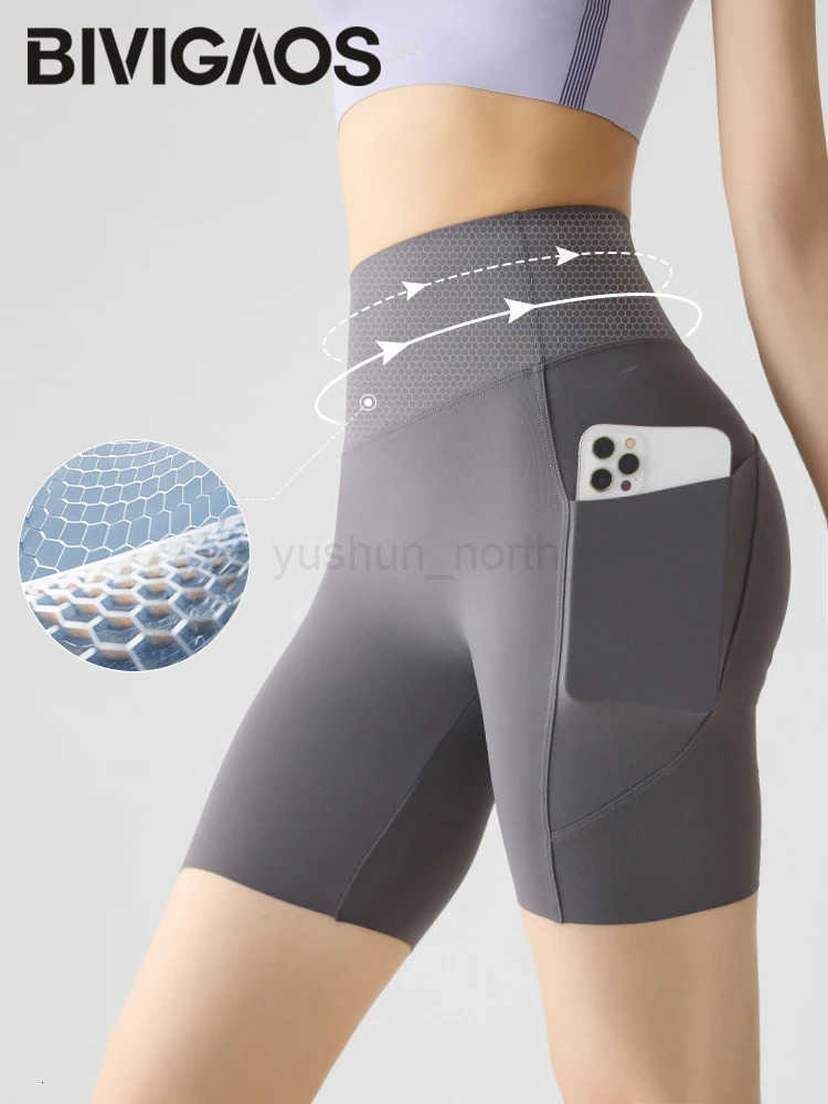 Bivigaos Summer Pocket High Waist Sharkskin Shorts Women Tight Butt Lifter Naked Feeling Sexy Sport Fitness Yoga Bicycle Shorts M250717