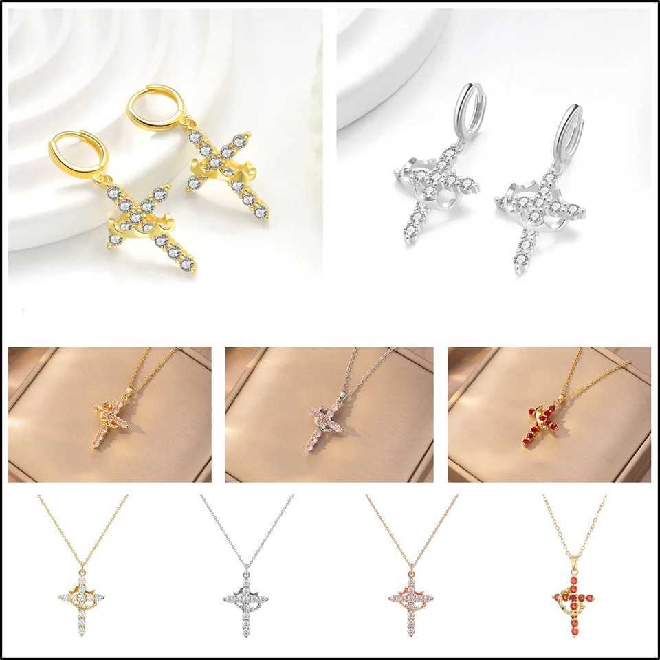 Rotatable Crown Rhinestone Cross Choker Necklace Earrings for Women Minimalist Cross Pendant Chain Christian Jewelry Prayer Gift XJ250717