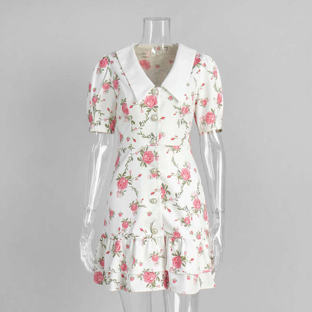 French Style V-Neck Puff Sleeve Summer Waist-Cinching Printed Short Dress With Ruffles B5