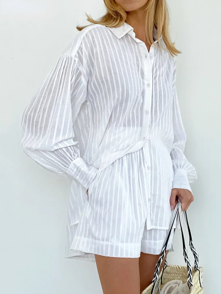 Wolfeel Casual Shorts Sets Striped Jacquard 2 Pieces Cozy Lapel Lantern Sleeve Shirt Summer Outfit Elastic Waist Suits 250714