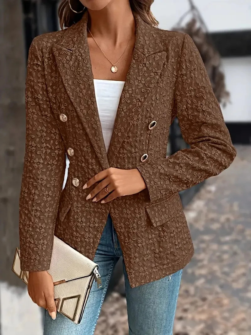 Women Fashion Blue Blazer Jacket Office Lady Double Breasted Pockets Vintage Female Coat 250715