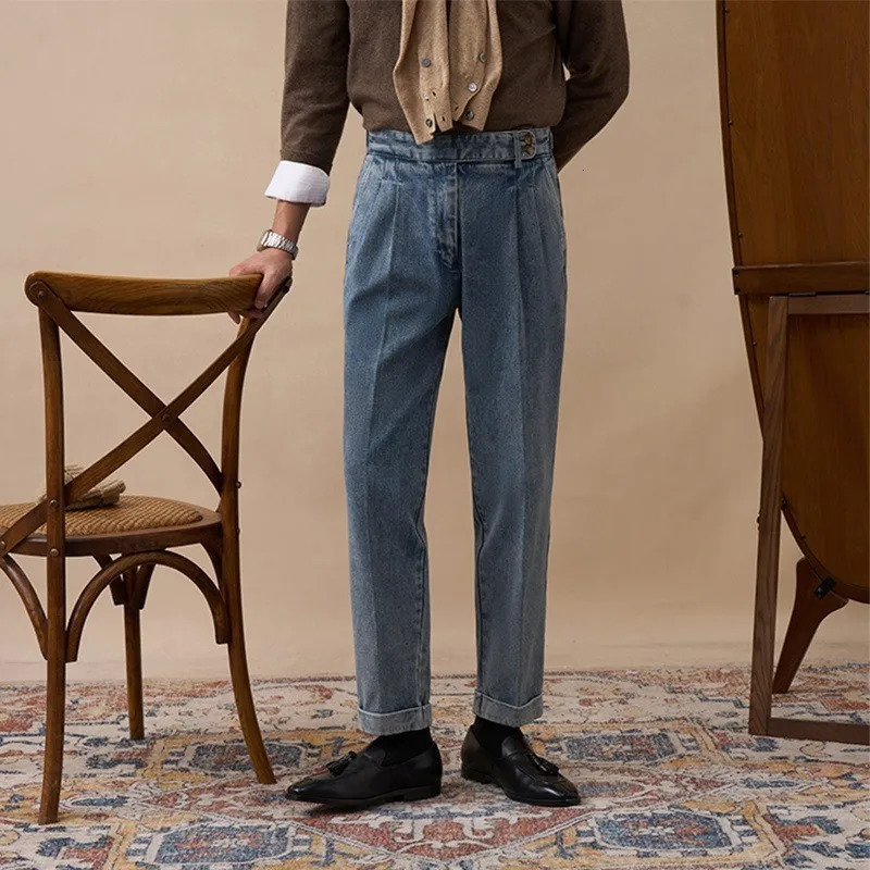 Mens Naples Slim-fit High Waist Dress Denim Pants Fashion Solid Color British Retro Premium Elegant Leisure Trousers 250707