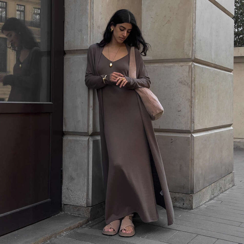 Knitted Long Sleeve Cardigan + Camisole Dress Autumn Soft Cover-Up Set For Women B5