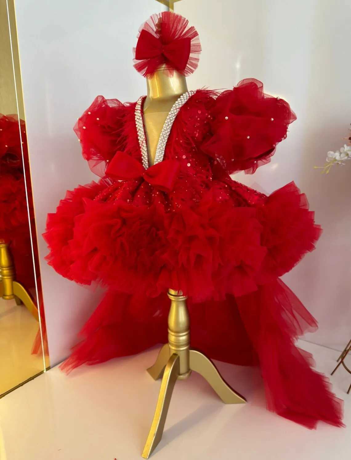 Dusty Pink Birthday Princess Feather Tulle Pageant Dress Glitter Flower Girl Dress Party Bow Formal Prom Gowns with Long Train Z250716